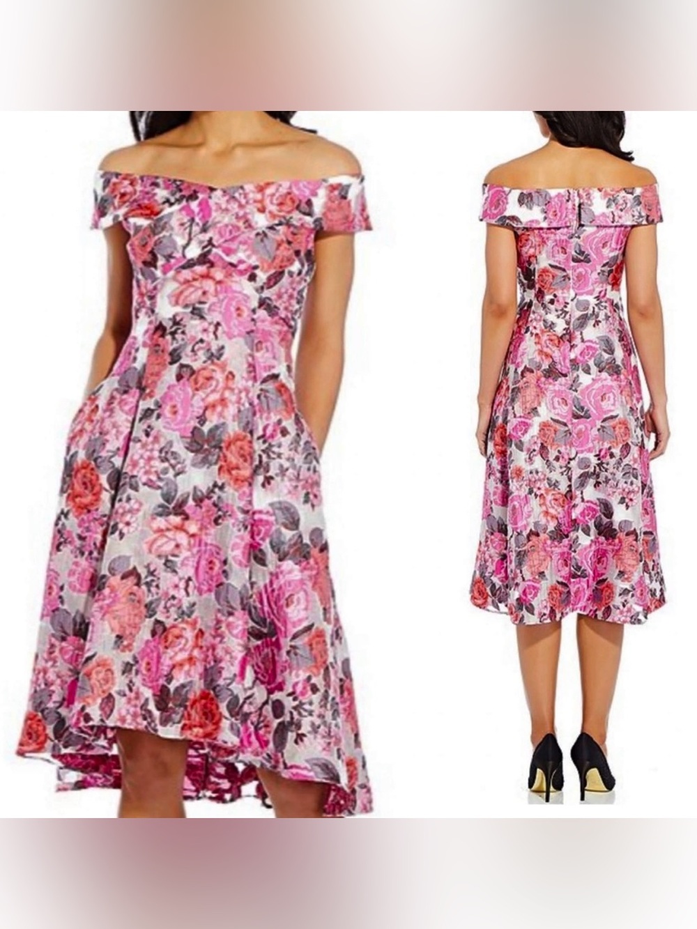 Adrianna Papell Floral Jacquard Shoulder Midi Dress Sz 6 Autumn Wedding Guest